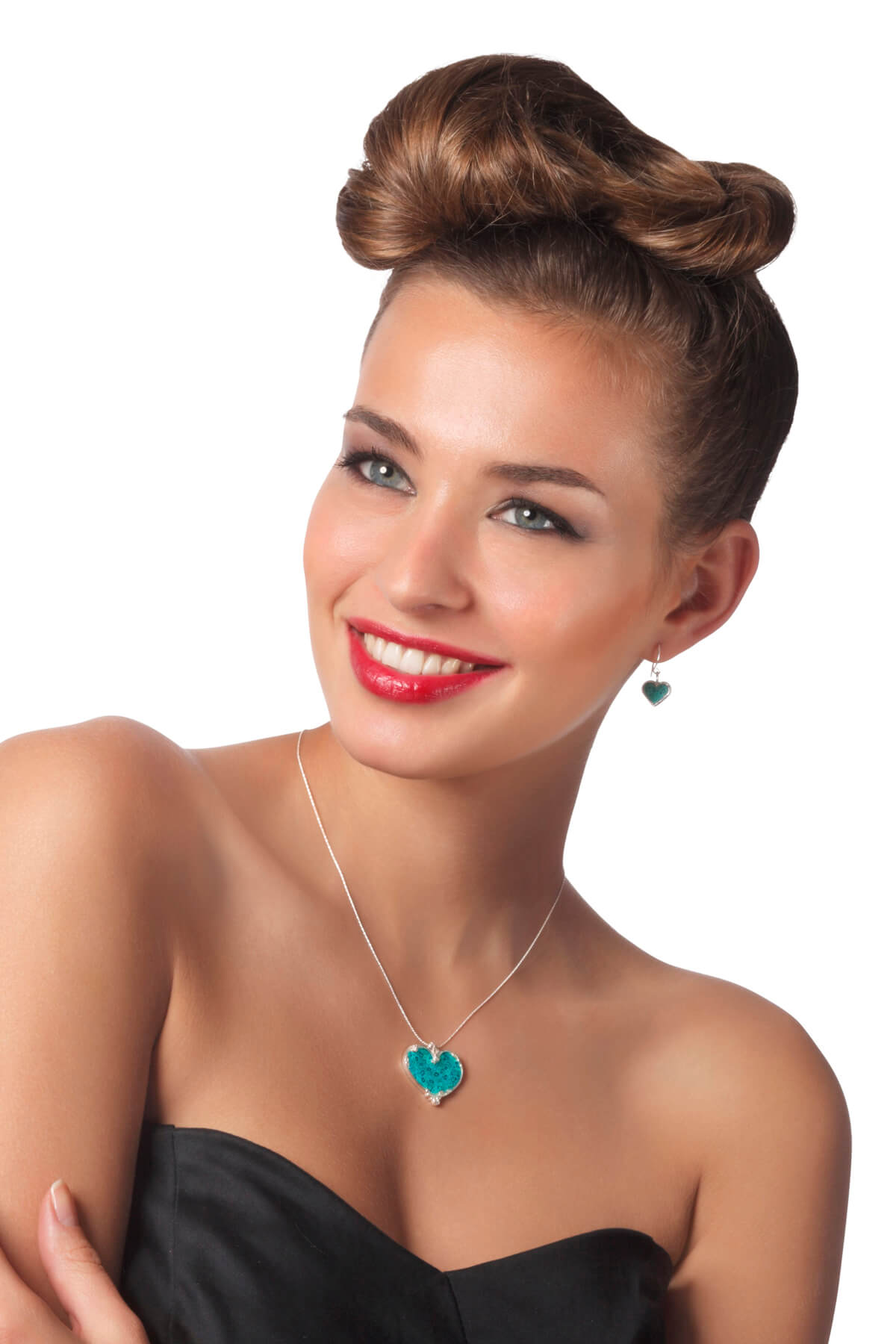 Handmade Silver Heart Art Nuvo Necklace & earrings  – Turquoise Pattern