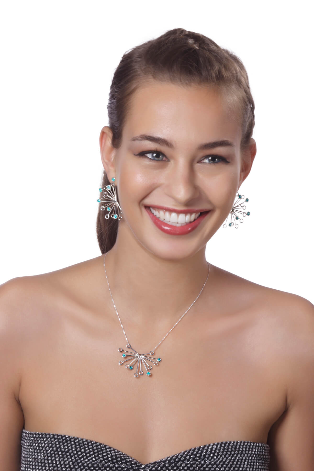 Handmade Silver Senecio Flower Necklace and earrings – Turquoise Pattern