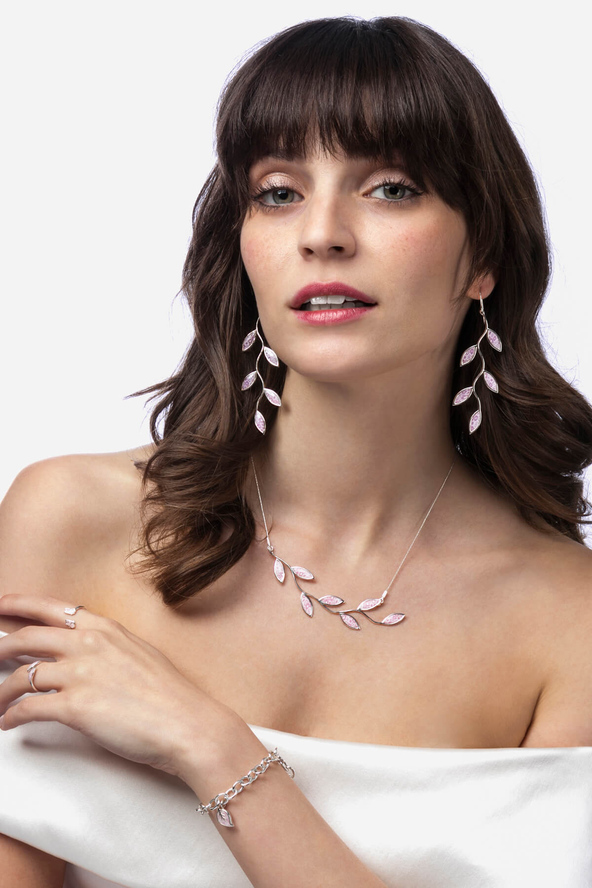 Handmade Silver Olive Leaf Long Earrings and Necklace – Rose Quartz Pink Pattern
