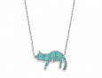 handmade silver napping cat necklace with turquoise pattern
